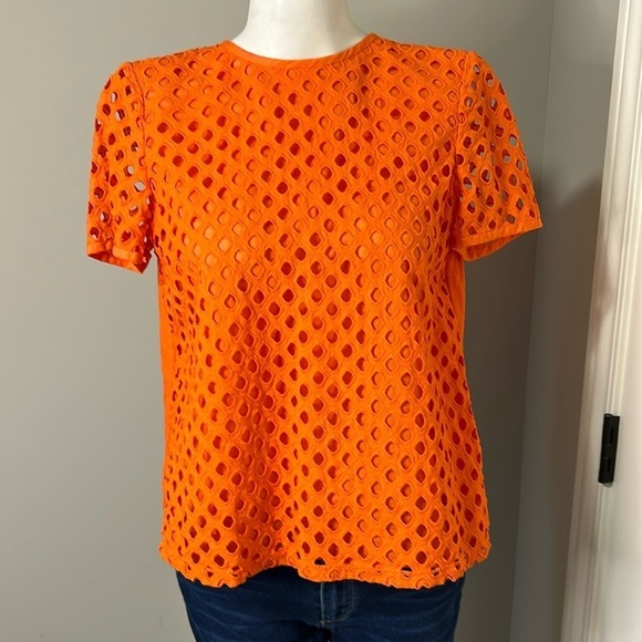TORY BURCH Hermosa Eyelet Front Tee Embroidered Orange Flowy Sz 4 - Picture 5 of 16